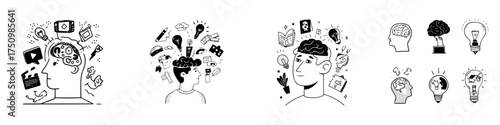 Doodle icons depicting human thought process and creative idea generation