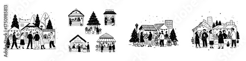 Hand drawn winter market scenes featuring people and vendor stalls