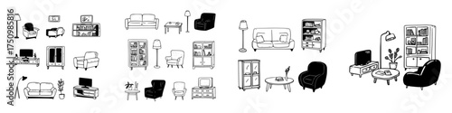 Doodle style living room furniture and decor elements for interior design