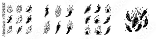 Hot chili pepper icons set with fire and spice elements
