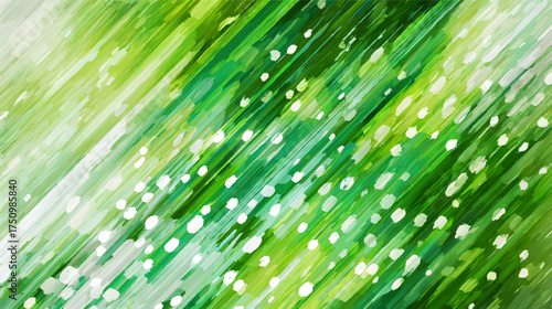 An abstract pattern featuring diagonal green stripes and scattered white dots, evoking a sense of nature and freshness