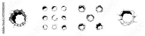 Hand drawn bullet hole impact marks collection on clean white background