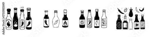 Assortment of hot sauce and condiment bottles with chili pepper icons