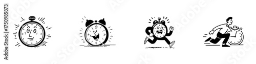 Cartoon alarm clocks and running man symbolizing urgency and time management