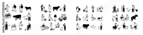 Set of hand-drawn icons featuring farmers and various farm animals