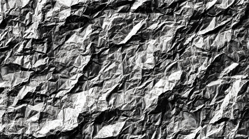 A close-up view of crumpled black and white paper texture, showcasing intricate folds and shadows