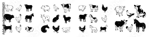 Collection of various farm animals in black and white hand drawn style