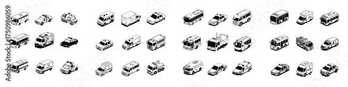 Isometric monochrome icons representing essential public service vehicles