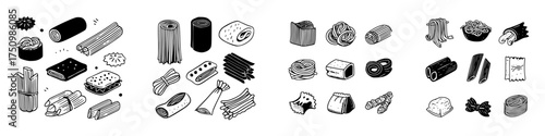Assortment of various dry and fresh pasta shapes in monochrome style