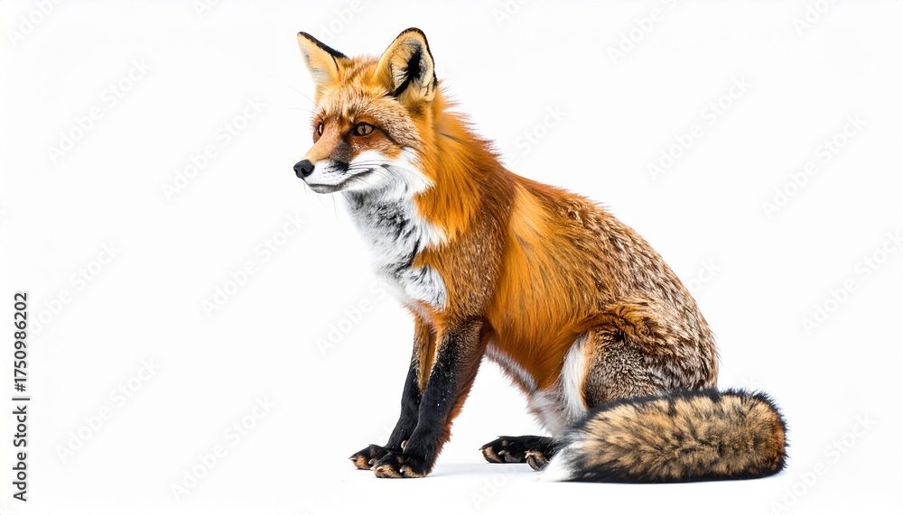 Fototapeta premium Red fox sitting with bushy tail on white background