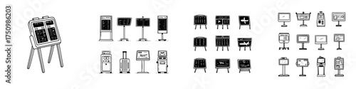 Line art icons for airport information displays and passenger service kiosks