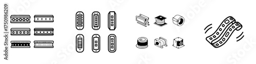 Collection of electronic components icons including inductors, coils, and film strips
