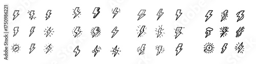 Set of hand drawn lightning bolt icons in various doodle styles