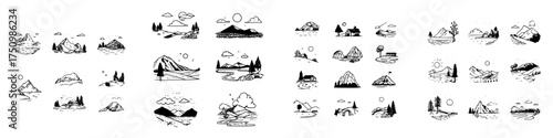 Minimalist black and white icons of mountain landscapes and outdoor scenes