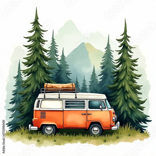 Watercolor travel van and woodland scenery isolated art