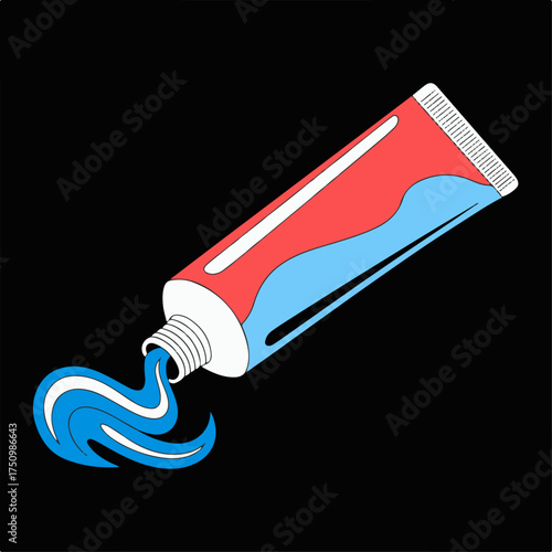 A stylized illustration of a toothpaste tube, with blue paste being squeezed out