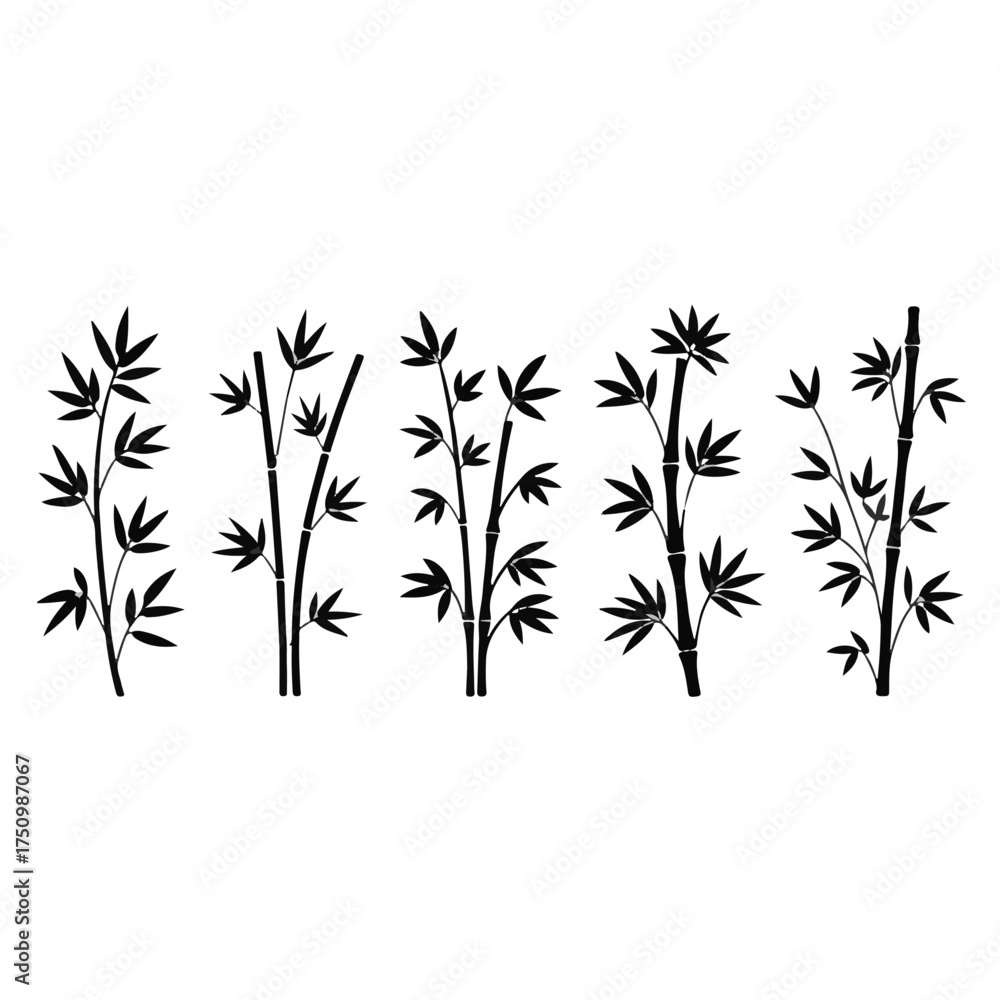 Naklejka premium Collection of five black bamboo stalk silhouettes for a minimalist and natural design. Zen-inspired plant icons isolated on a white background