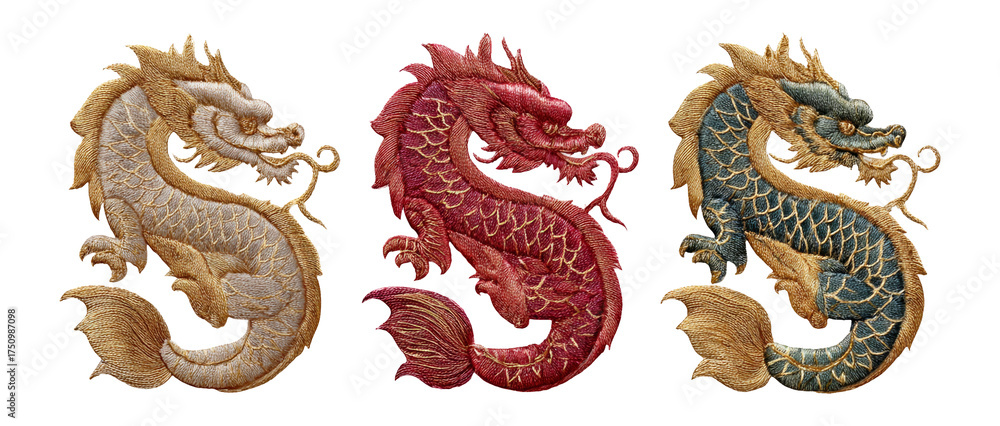 Fototapeta premium Detailed Embroidery Dragon Designs in Three Distinct Colors and Styles