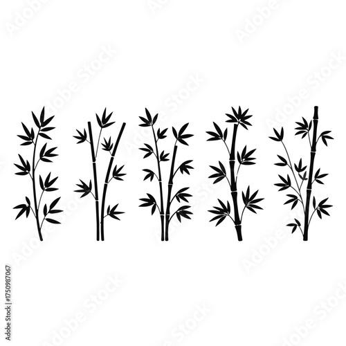 Collection of five black bamboo stalk silhouettes for a minimalist and natural design. Zen-inspired plant icons isolated on a white background