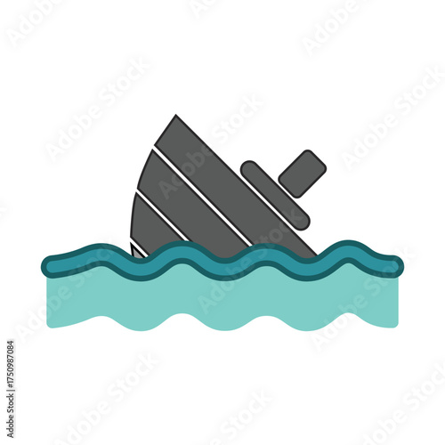 A capsized gray boat submerged in turquoise wavy ocean water against a transparent backdrop