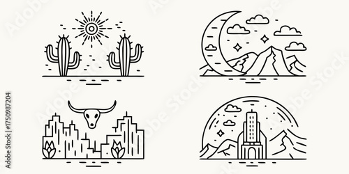 Four minimalist line art illustrations depicting desert landscapes mountain night scenes city skylines and architectural landmarks