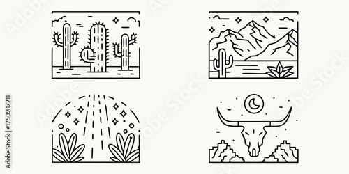Collection of minimalist line art illustrations depicting desert landscapes and iconic western symbols