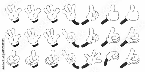 Collection of cartoon hands in various poses and gestures with white gloves and black cuffs