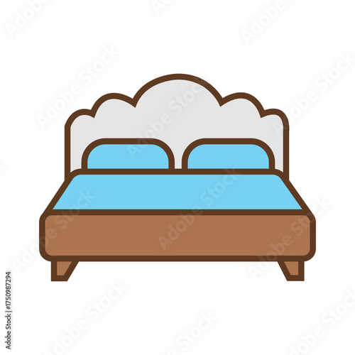 Bedroom icon features blue bedding and brown bedframe over a white backdrop