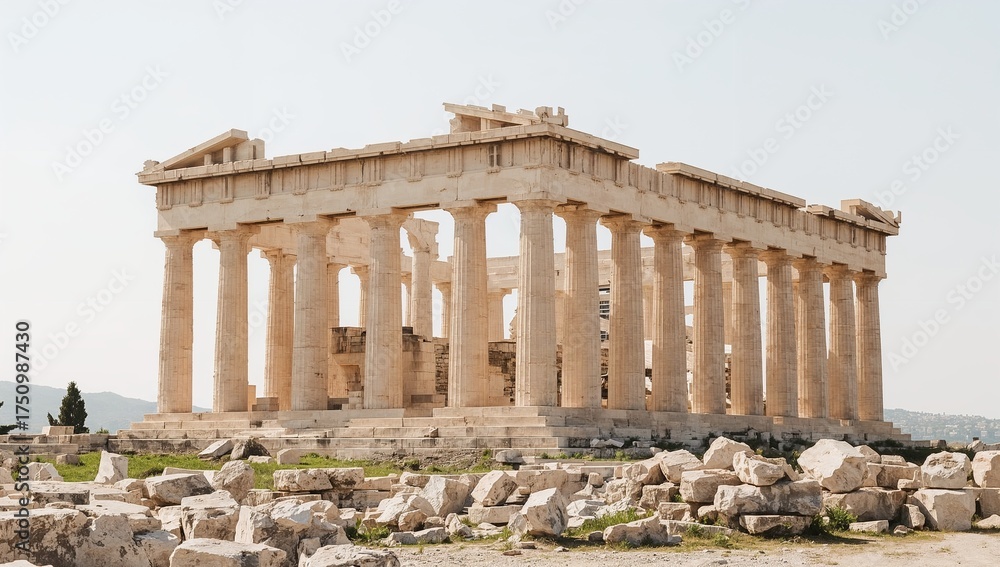 Fototapeta premium Grand classical architectural marvel from ancient Greece, featuring majestic columns and historic ruins against a bright sky, captured with vivid clarity and realistic detail