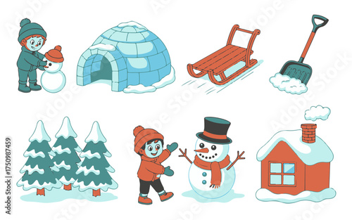 Winter activities cartoon illustrations kids building snowmen, igloos, sleds, snow shovels, snowy trees, and a cozy house