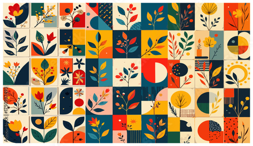 Colorful abstract floral pattern with geometric shapes. Modern botanical design, minimalist wall art, boho home decor, and contemporary aesthetic background.
