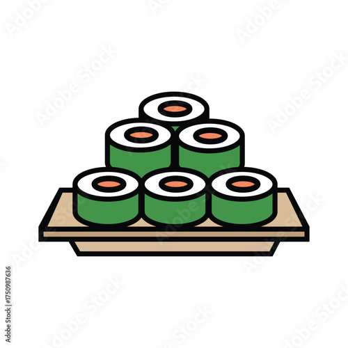 Fresh maki rolls beautifully stacked on a square wooden plate exhibit vibrant colors