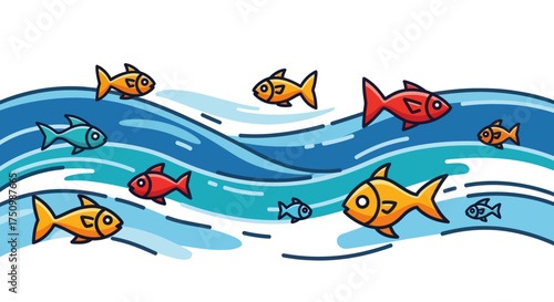 Photography A colorful school of cartoon fish swimming in stylized blue ocean waves