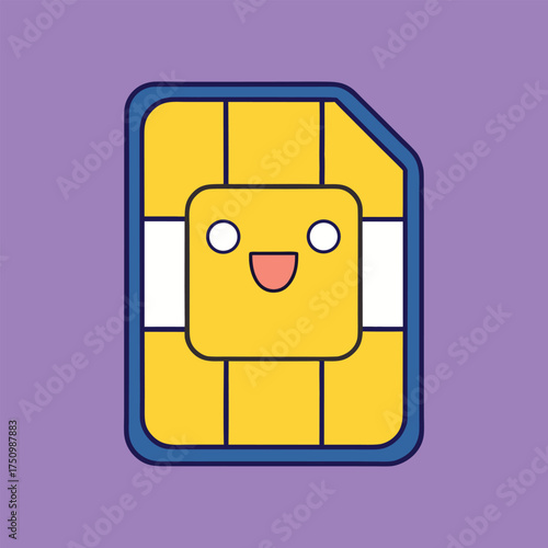 A cheerful sim card with a cute smiling face, set against a vibrant purple background, perfect for illustrating mobile technology and connectivity