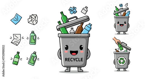 Fotografía A cute cartoon recycling bin character mascot set with recyclable waste like bottles and paper
