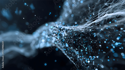 Abstract representation of a digital network with glowing blue lines and nodes, creating a sense of movement and depth