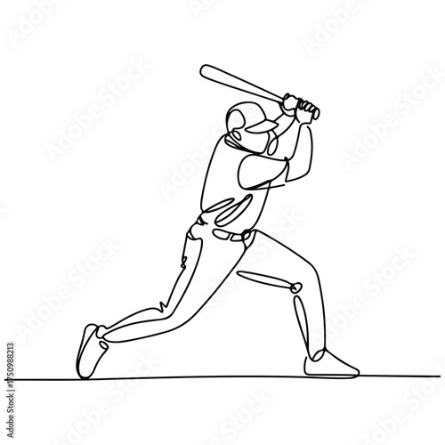 Continuous Simple black line art drawing of a Cricket Player in a minimalist style on a white background.
