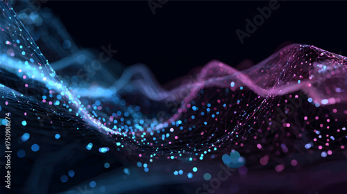 Futuristic vibrant abstract digital network background with radial burst of light and energy emanating. Blue, purple, and orange light beams radiate and glowing particles effects. 3D illustration