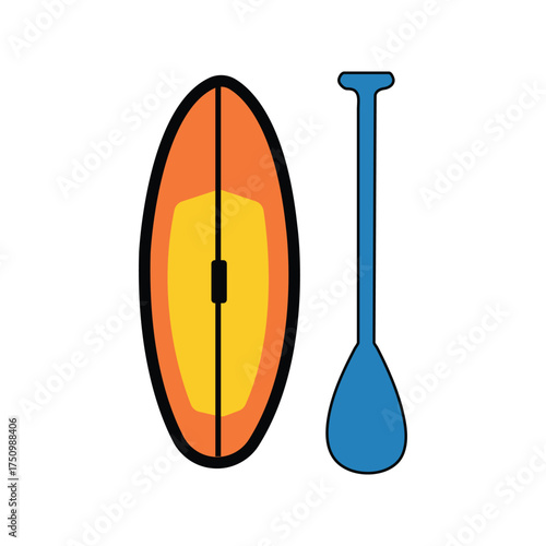 Stand up paddleboard and a blue paddle are displayed on a white background