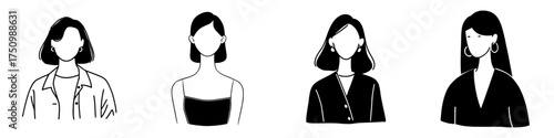Four minimalist female avatars featuring diverse hairstyles and clothing styles