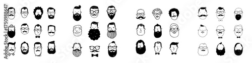 Collection of hand drawn hipster male faces with various beards and mustaches