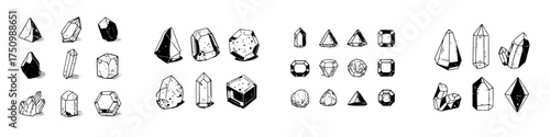 Hand drawn crystal and gemstone shapes in detailed black and white style