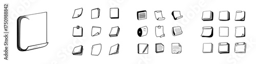 Hand drawn paper and note icons set in sketch style