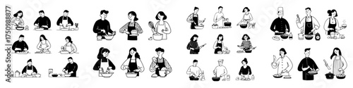 Diverse people engaged in cooking and baking activities using simple line art