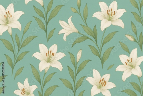 Elegant and delicate lilies bloom in a repeating pattern, creating a sense of calm and sophistication