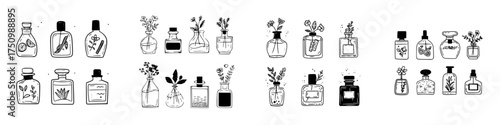 Botanical perfume bottles and essential oil diffusers hand drawn icons collection