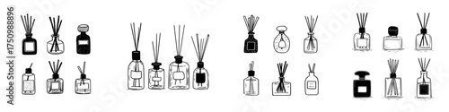 Various reed diffuser and fragrance bottles hand drawn icons collection