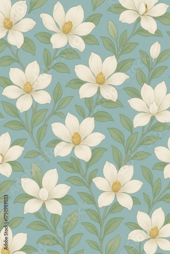 Elegant pattern of white flowers on a turquoise background. The beautiful blossoms are surrounded by green leaves and are a great choice for design or background.