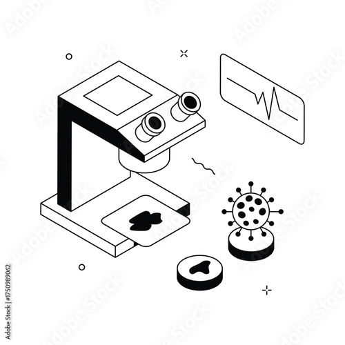 Laboratory interface featuring microscope and virus testing in medical research isometric illustration