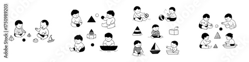 Cute babies playing with various toys and geometric shapes